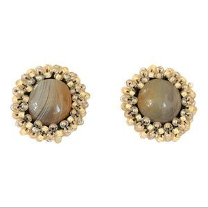 Hand beaded delicate small banded agate round earrings .75” diameter NOS